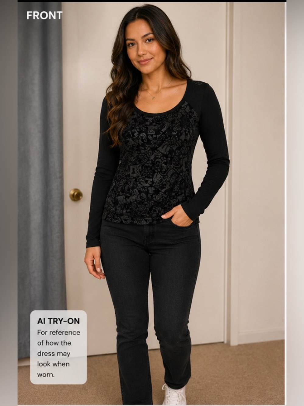 Enyce Jeans Black Flocked Graphic Long Sleeve Top Size L